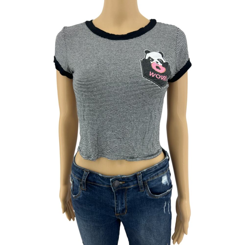 Ringostone Medium Striped Panda Donut Worry Crop Baby Tee Ringer T-Shirt
